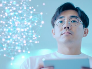 Futuristic Sports Analytics Young Asian Man with Digital Data Display