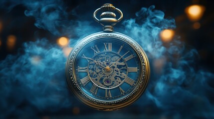 Vintage pocket watch suspended in air with swirling blue smoke and motion effects