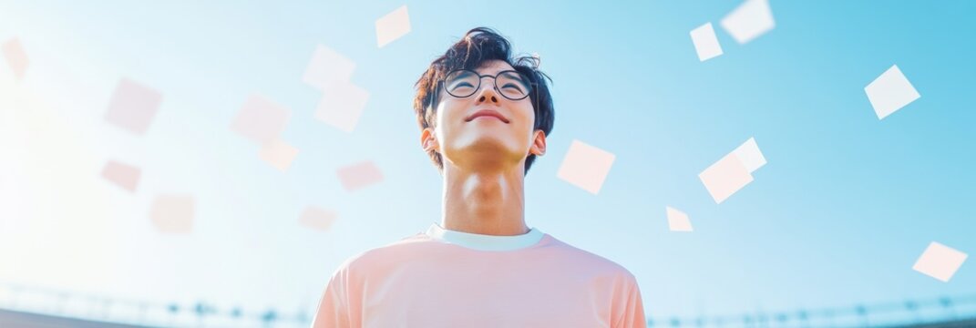 Modern Insight Asian Enthusiast Analyzing Geometric Data with Futuristic Overlays in Urban Setting