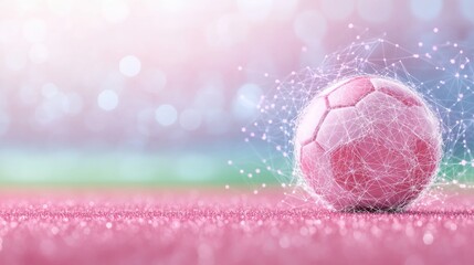 Futuristic Soccer Scene with Digital Mesh Overlay on Pink Football in Blur Background