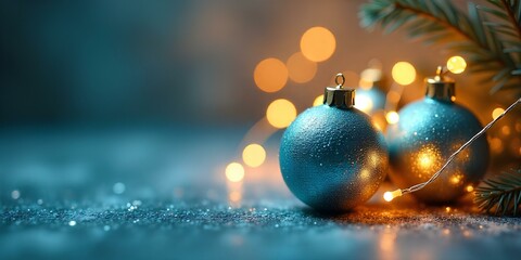 Fototapeta premium Christmas ornaments, teal and gold, bokeh lights, fir branches.
