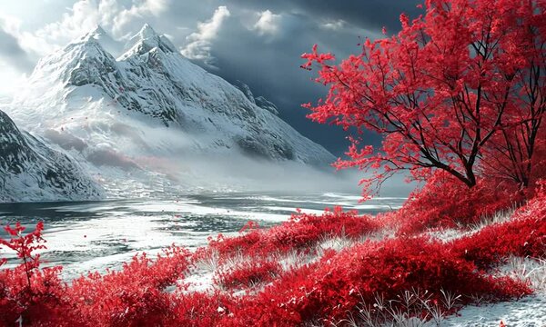 A serene landscape featuring snow-capped mountains and vibrant red foliage under a cloudy sky.