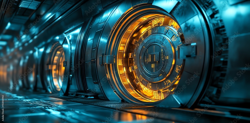 Poster futuristic corridor with illuminated circular doors, suggesting advanced technology and exploration.
