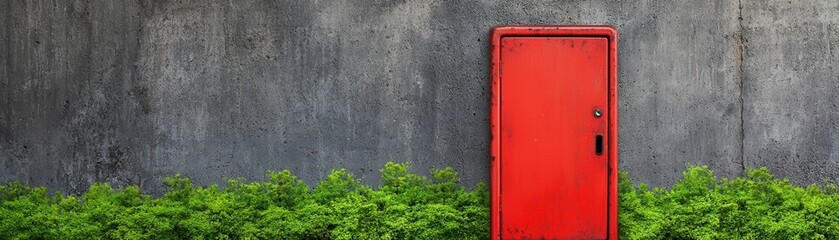 a red fire alarm switch. A vibrant red door against a textured gray wall with greenery.