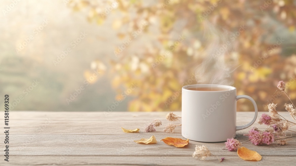 Poster serene autumn morning with a steaming cup of tea on a rustic table