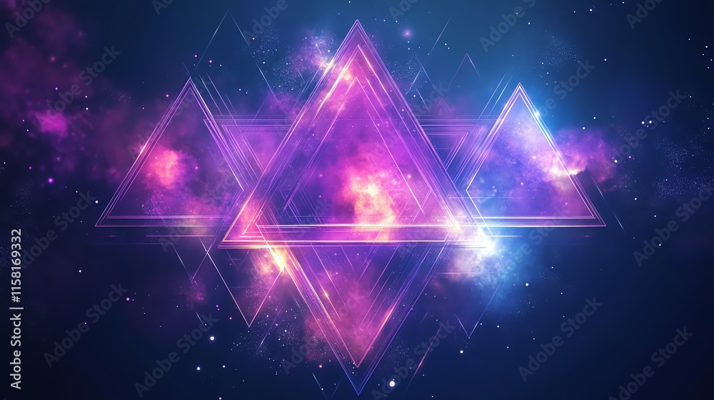 Poster Abstract cosmic design featuring illuminated triangles against a starry background.