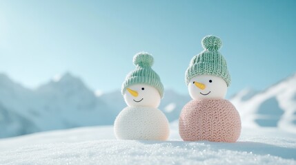 Obraz premium Joyful Snowmen in Winter Mountain Landscape – Cheerful Holiday Scene