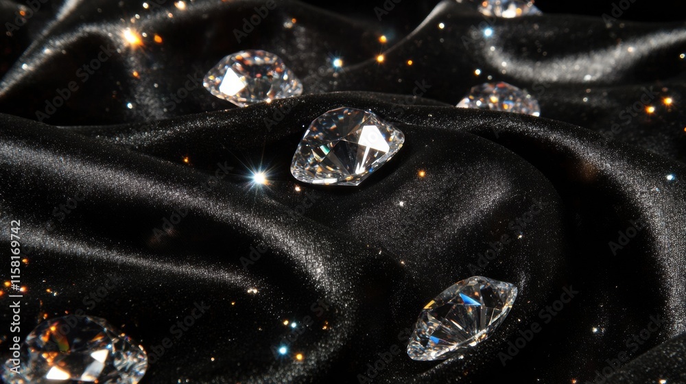 Aufkleber Sparkling diamonds displayed elegantly on luxurious black fabric with ample space for text. Generative AI