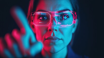 Businesswoman wearing futuristic ar glasses creating virtual business model with holograms