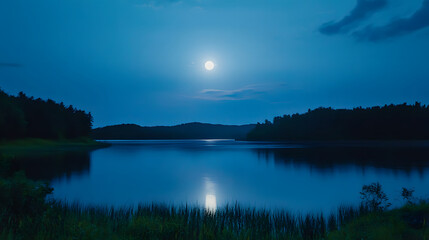 Moonlit lake reflecting a serene twilight sky with surrounding forest