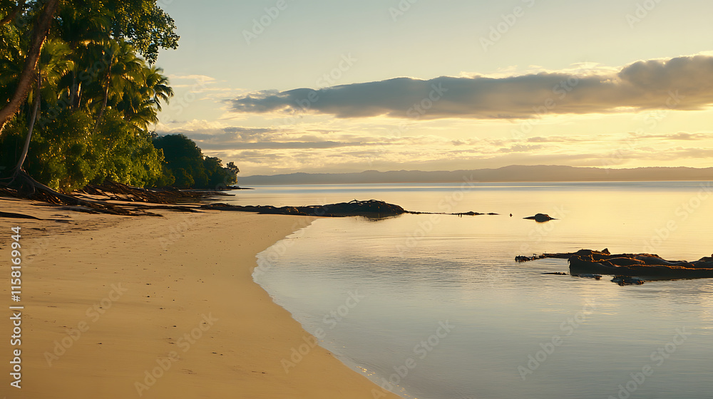 Poster serene beach at sunset with calm waters and lush greenery in the background