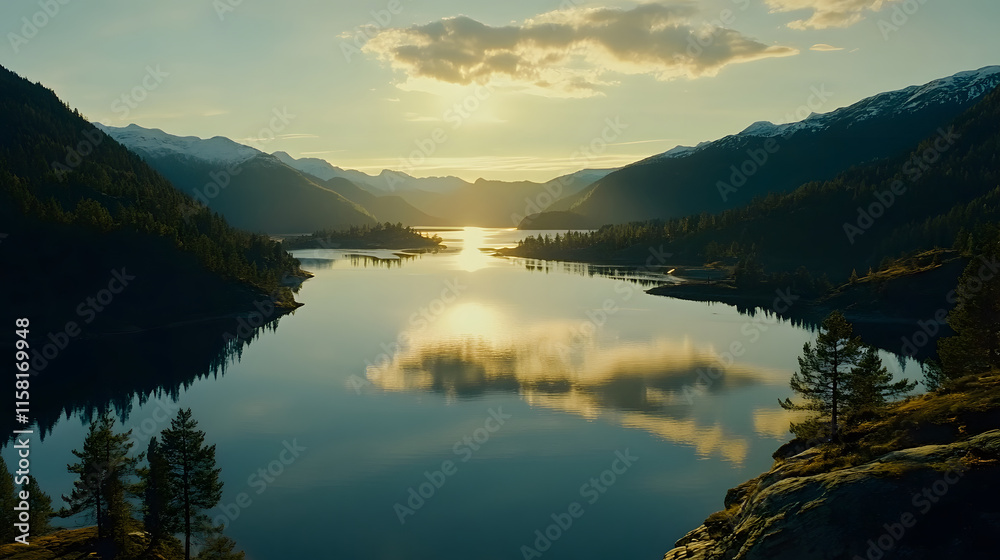 Poster sunset over a tranquil lake surrounded by mountains and trees