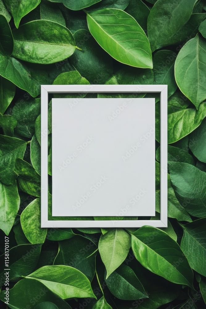 Poster minimalist green leaf layout with white square frame for modern design