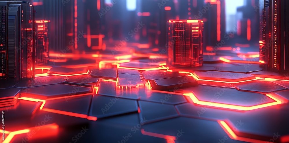 Poster A futuristic cityscape with glowing red hexagonal patterns and towering structures.