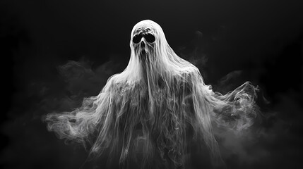 Suffering face of ghost made of smoke and mist on dark background. halloween, spooky season. Aetherial. Illustration