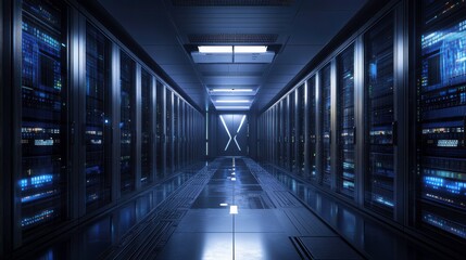 Futuristic Data Center with Bright Security Lights