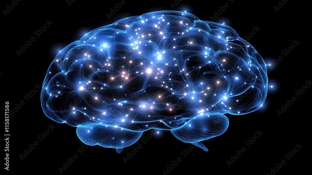 Poster A glowing, digital representation of a brain with interconnected nodes and lights.