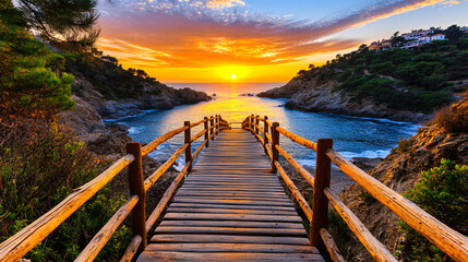 Obraz premium Wooden boardwalk stretching into serene turquoise bay at sunset, surrounded by lush greenery and rocky cliffs, creating tranquil atmosphere