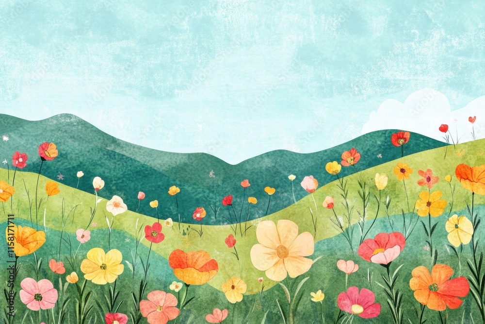 Aufkleber Colorful naive art depiction of a vibrant flower field under a clear sky with open space for creative text placement. Generative AI