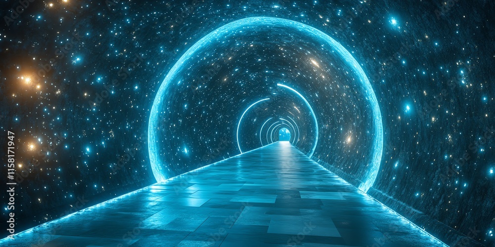 Aufkleber a futuristic tunnel illuminated with glowing blue lights and starry visuals.