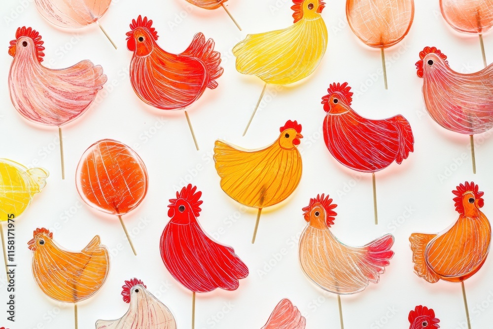 Poster Vibrant rooster shaped lollipops in assorted colors with space for text. Generative AI