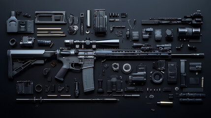 Fototapeta premium Rifle parts, wallpaper, weapon technology for shooting with precision at long range.