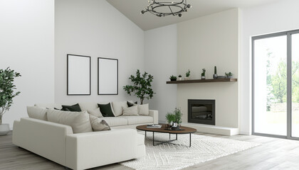 Modern home interior with cozy sofa, plants, and stylish decor accents