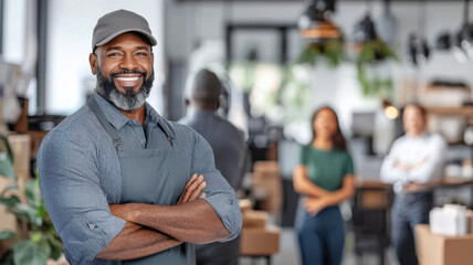 Proud small business owner smiling in boutique with team members