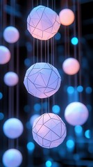 Abstract hanging spheres illuminated in soft colors, creating a serene atmosphere.