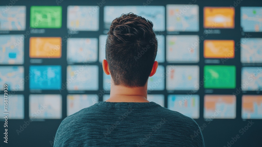 Poster Businessman analyzing multiple data streams on large screen display