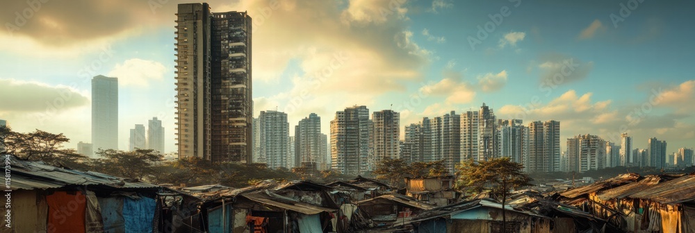 Aufkleber Luxury skyscraper stands in stark contrast to surrounding shacks in urban landscape during golden hour. Generative AI