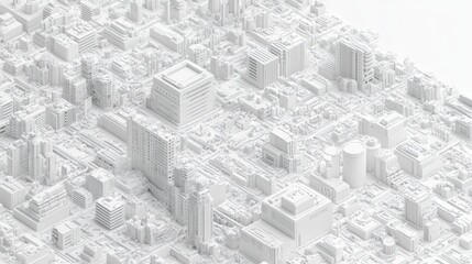 A detailed, monochromatic cityscape showcases a dense arrangement of buildings and urban structures in a minimalist design.