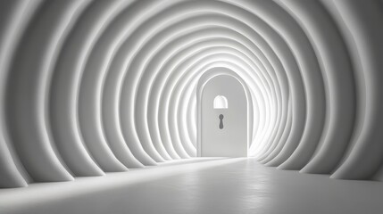 Obraz premium A serene, white corridor with curved walls leads to a door, creating a minimalist and futuristic atmosphere.