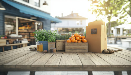 Fresh oranges and herbs on wooden table in sunny outdoor market