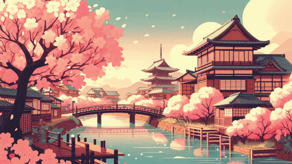 Cherry Blossom Season, Beautiful view of cherry blossoms in Japan on the river side with a wooden bridge over it 