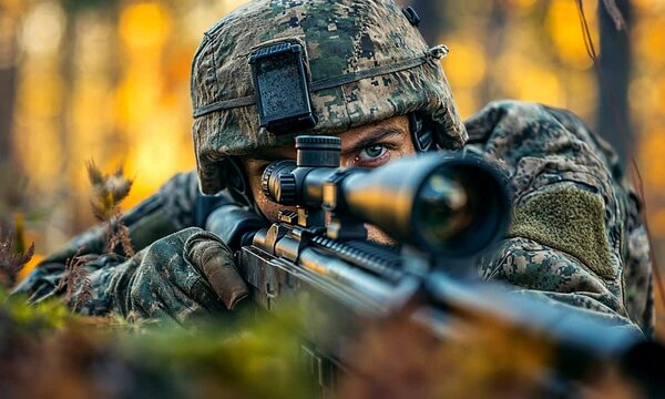A soldier aiming through a sniper rifle in a forest setting, showcasing focus and precision.