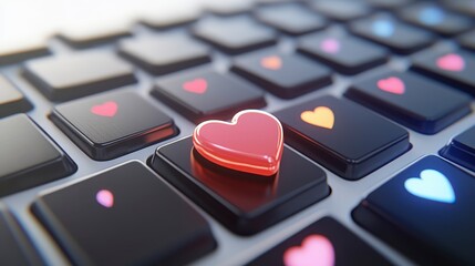 A red heart-shaped key stands out on a black keyboard, surrounded by colorful heart icons, symbolizing love and digital connection.