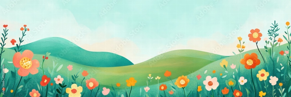 Aufkleber vibrant naive art landscape with flower filled meadow and serene hills providing ample space for cre