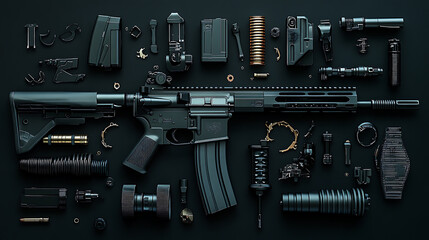 Fototapeta premium Rifle parts, wallpaper, weapon technology for shooting with precision at long range.