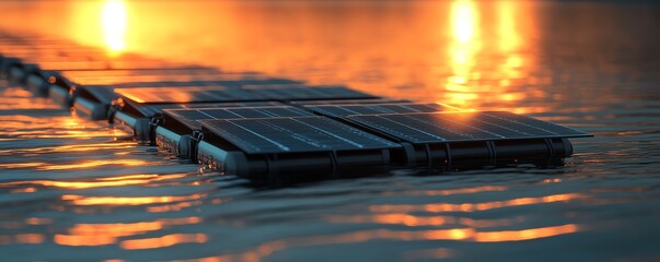Floating solar farm on water, with rows of solar panels, symbolizing ecofriendly renewable energy and sustainable practices, generative AI art