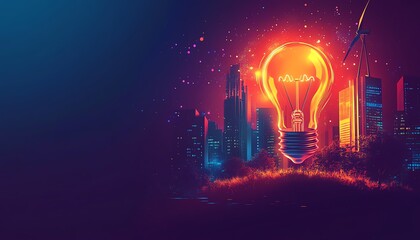 Glowing light bulb with buildings, windmill, and tree, representing technologydriven solutions for sustainability and climate change, AIgenerated visual