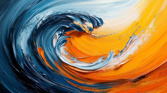 Abstract swirling wave painting in blue, orange and white.