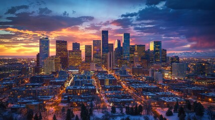 A vibrant sunset over a city skyline, illuminating urban structures and streets.
