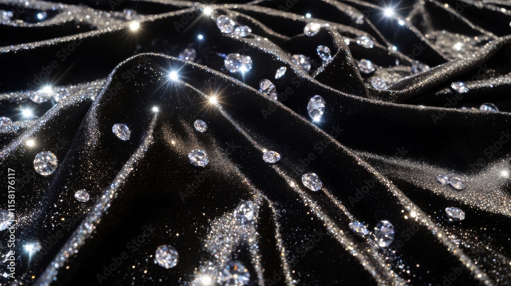 Fototapete Sparkling diamonds scattered on a luxurious black fabric with ample space for custom text and design elements. Generative AI