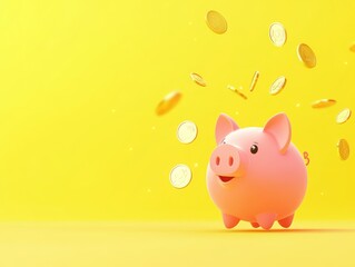 Pink Piggy Bank with Flying Golden Coins on Yellow Background Symbol of Savings, Finances, and Personal cash savings, Banner with copy space for text  - ai
