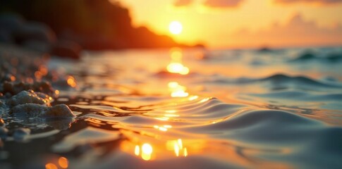 Golden hour, water reflections, bokeh circles, beach party feel, evening, light, glow