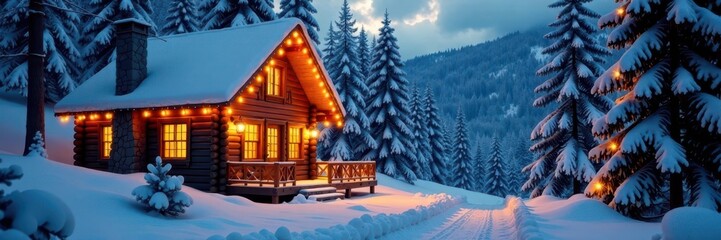 Cozy cabin scene with snowy fir trees & warm lights, snow, serene, december