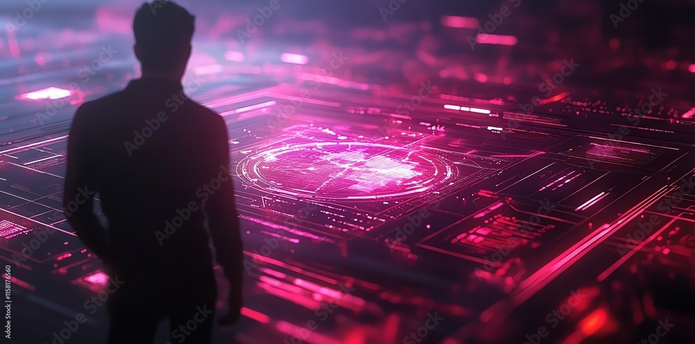 Aufkleber a figure gazes at a vibrant, futuristic digital landscape filled with intricate patterns.