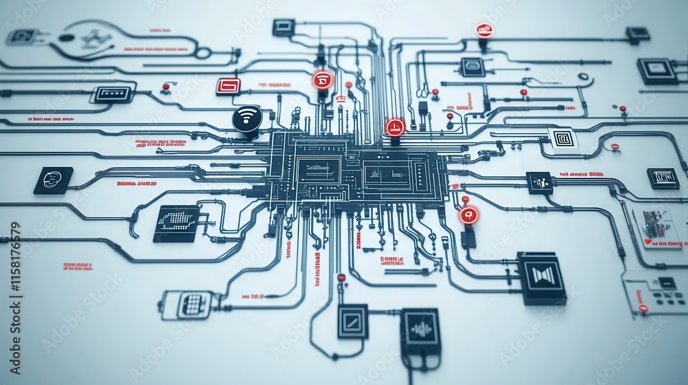 Poster a complex circuit board with interconnected pathways and various symbols, illustrating advanced tech
