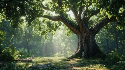 A giant fig tree with a sprawling trunk and dense, dark green foliage, standing alone in a sunlit forest clearing with detailed bark textures.